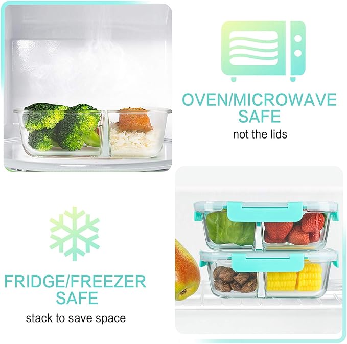 M MCIRCO [5-Pack, 36 oz] Glass Meal Prep Containers 3 Compartment with Lids, Glass Lunch Containers,Food Prep Lunch Box,Bento Box,Microwave, Oven, Freezer, Dishwasher (4.5 Cups, Green)