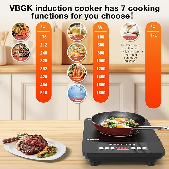 VBGK Single Burner Induction Cooktop,1800W Portable Induction Cooktop,110V Hot Plate with LCD Sensor Touch, 7 Temp Levels up to 518°F, Safety Lock, 4-Hour Timer, 9 Heat-Resistant Cooking