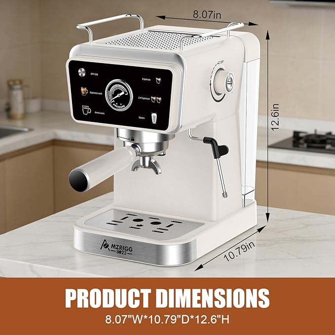 20 Bar Semi-Automatic Espresso Machine, 1350W Fast Heating, 1.5L Removable Water Tank, Milk Frother Steam Wand, Cup Warmer, White, for Home/Office, Coffee Beginners & Baristas