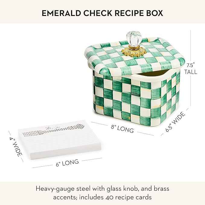 MACKENZIE-CHILDS Enamel Recipe Box, Index Card Box with Lid, Includes 40 Recipe Cards, Green-and-White Emerald Check