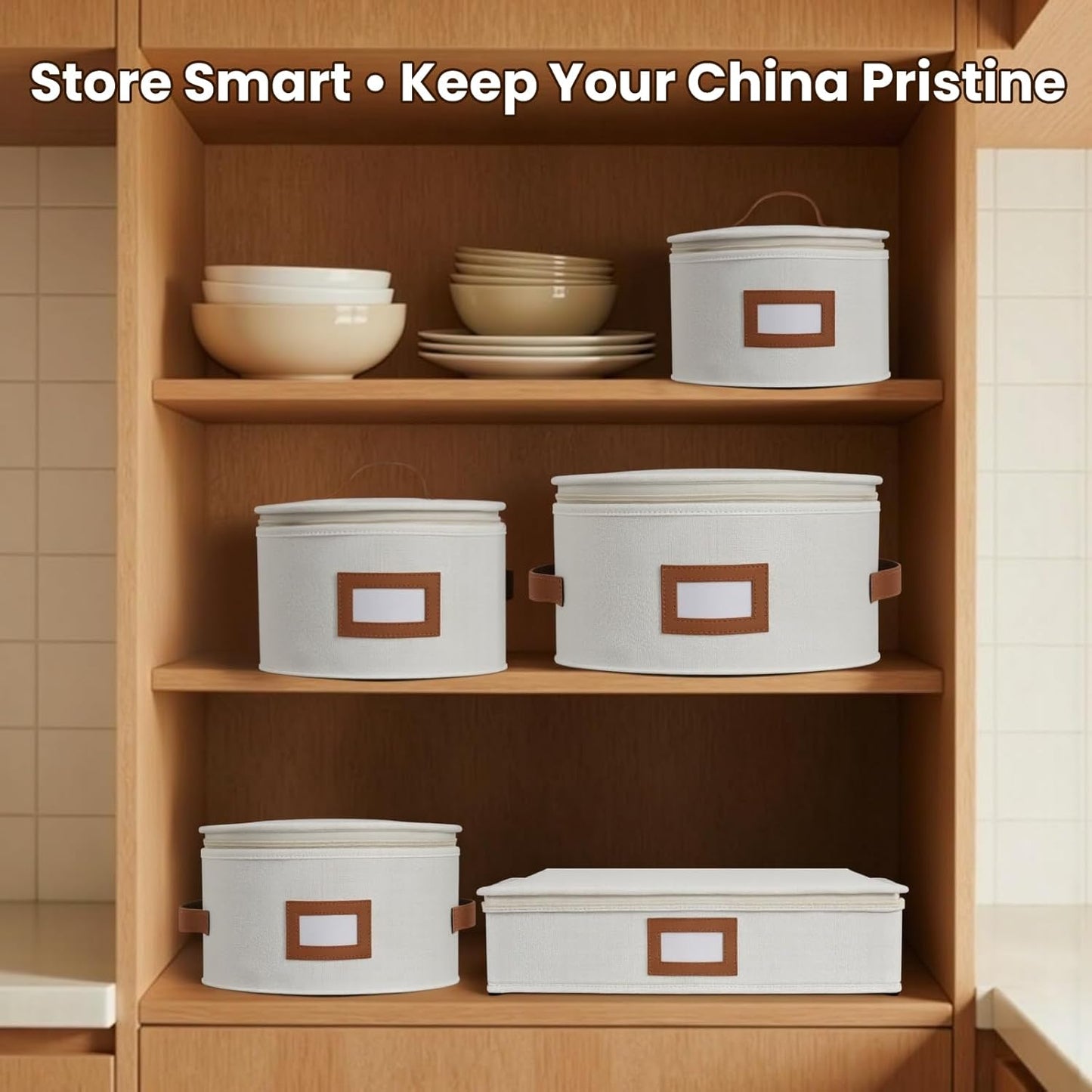HOMELUX THEORY Plate Storage Box, 2pc 10"x8" Ivory Hard Shell China Storage Containers, Kitchen Storage Bins With Lids, Heavy Duty Moving Box with Handles for Dishes, Dinner Plate & Dinnerware