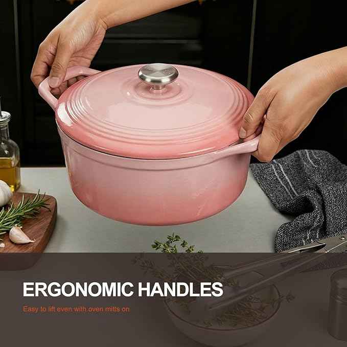 Overmont Refined Enameled Cast Iron Dutch Oven - 5.5QT Pot with Wide Handles Lid Cookbook & Cotton Potholders - Heavy-Duty Pre-Seasoned Cookware Oven Safe to 500°F for Braising, Stews, Roasting, Bread Baking