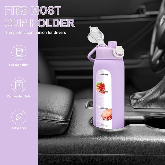 chunmo 24 oz Glass Water Bottles with 2 Lids-Handle Spout Lid & Straw Lid, Motivational Water Bottle with Time Marker and Silicone Sleeve,Leakproof-Purple-1 Pack