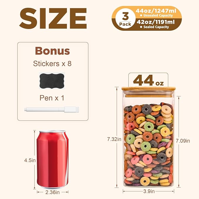 SHOWIN Glass Food Storage Jars Square 44oz, 3 Pack Glass Jars With Bamboo Lids, Kitchen Storage Containers For Spice, Candy, Cookie, Storage For Pantry Organizers
