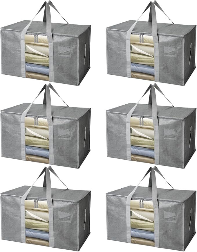 BALEINE 6-Pack Oversized Moving Bags with Reinforced Handles, Heavy-Duty Storage Tote Moving Supplies for Packaging, Camping (Gray w/Window, 6-Pack)