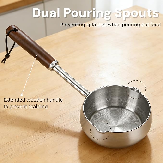 Mini Milk Warmer Pot, 15 OZ/450 ml Stainless Steel Melting Pot, Hot Oil Pan with Wood Handle, Dual Spouts Small Saucepan for Seafood Butter Chocolate Cooking Restaurant Kitchen Camping