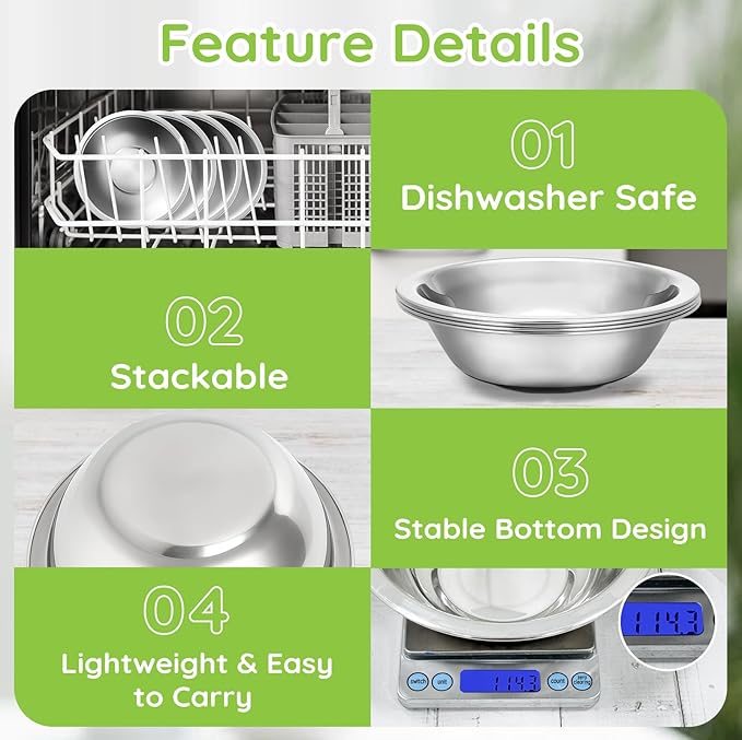 304(18/8) Stainless Steel Mixing Bowls for Kitchen, 8 Pack 7.8" 28.89 fl.oz Metal Mixing Bowls Set Stackable for Baking Serving Cooking Food Prep Storage Dishwasher Safe Lightweight