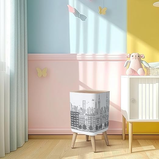 Small Trash Can with Lid Hand drawn panorama New York City skyline cityscape seamless suitable Wastebasket with Press Cover Dog Proof Garbage Can Waste Bin for Kitchen Bathroom Nursery 2.6 Gallon