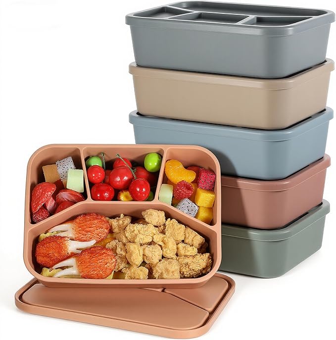 SHENLIU 6 Pcs Silicone Bento Box, 6 Colors Reusable Lunch Container 4 Compartment LeakProof Lunch Container 42 OZ Unbreakable Meal Prep Food Storage for Adult Oven Dishwasher Safe