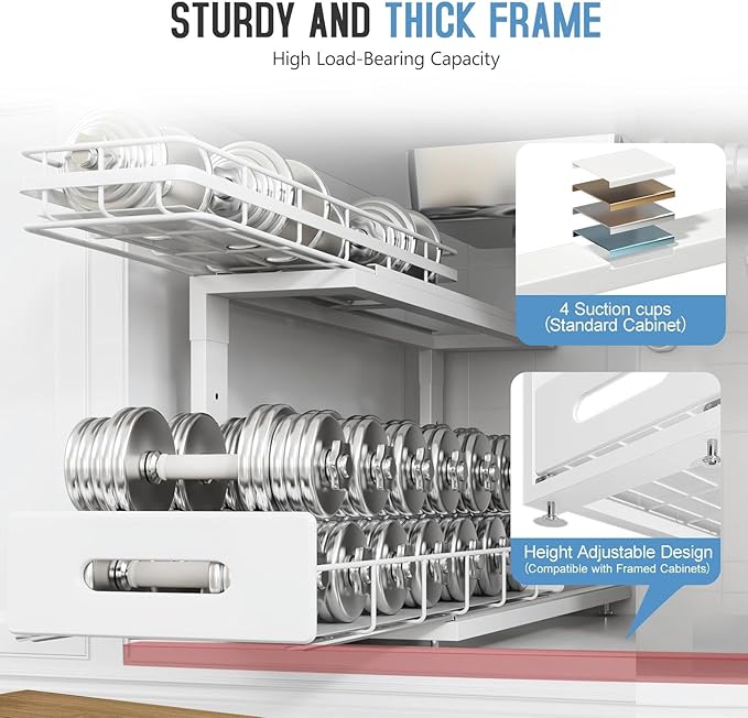 Under Sink Organizer Upgrade To Professional Rails,2-Tier Dual Pull Out Cabinet Storage,Height Adjustable Slide Out Drawers For Bathroom Kitchen,1 Pack-21"Dx12.8"-16.9"H,White