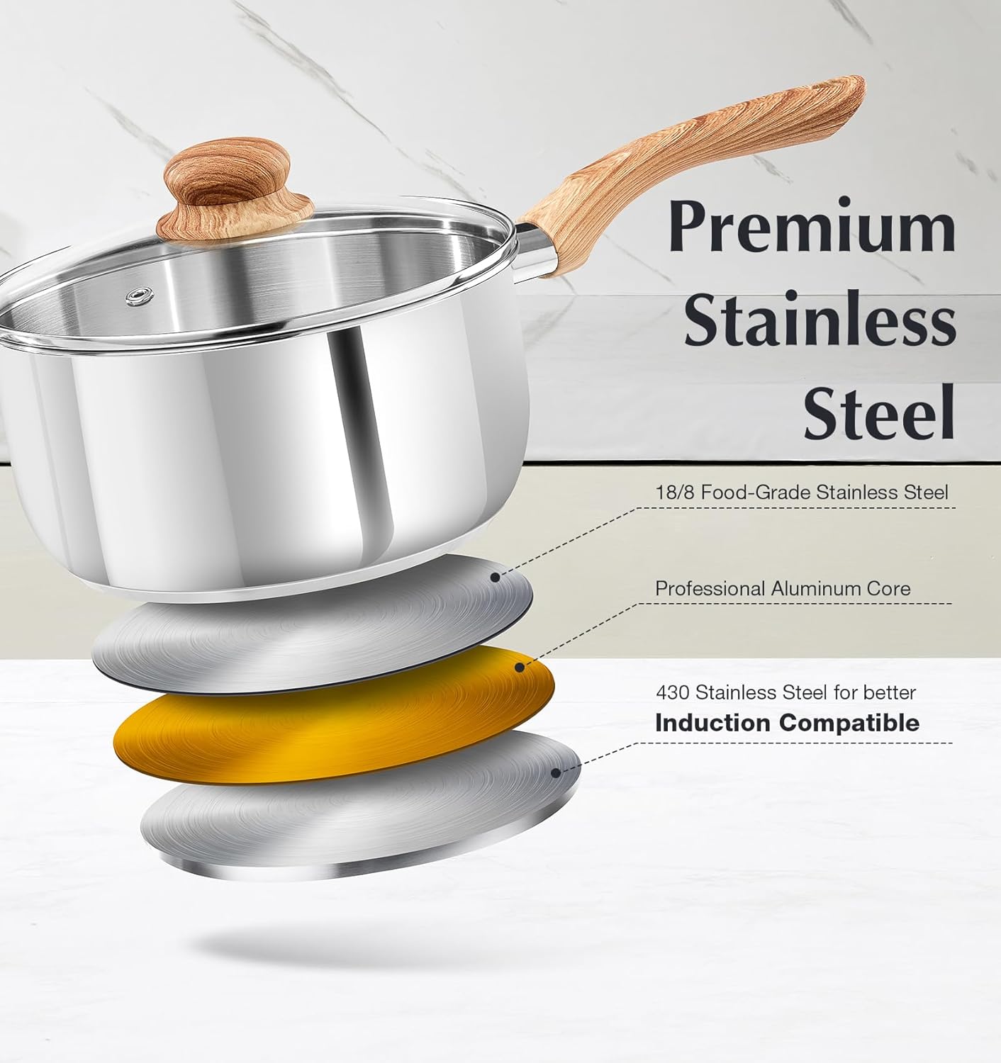 KOCH SYSTEME CS Stainless Steel Saucepan, 2 Quart Saucepan with Lid & Heat-resistant Bakelite Handle, Tri-ply Bottom Steel Sauce Pan with Lid, Induction Ready, Stainless Steel Pot 2QT