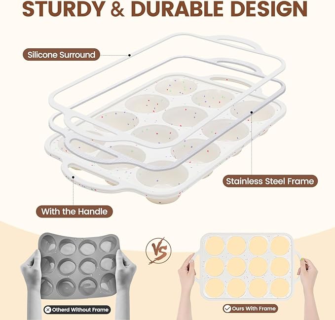 Vinino 8-Piece Baking Pans Set Nonstick, Bakeware Set includes Silicone Muffin, Loaf, Cake Pans with Metal Reinforced Frame, and Carbon Steel Roasting Pan, Cookie Sheet, Cooling rack for Oven-Cream