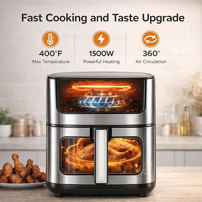 Simple Deluxe 8-in-1 Air Fryer 6.34 Qt, Digital Preset Airfryer with Visible Window, Nonstick and Dishwasher-Safe Basket, Air Fry, Chicken, Pizza, Dehydrate, Fries, 90-Min Timer, 1700W, Black