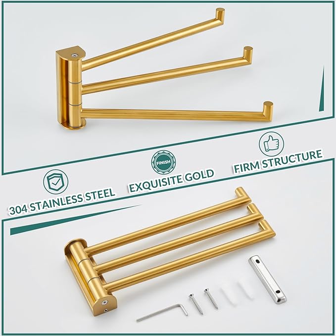 APLusee Swivel Towel Rack for Bathroom Door Wall Mounted, Swivel Towel Bar with 3 Rotating Arms 304 Stainless Steel, Flexible Kitchen Wall Hanging, Brushed Gold