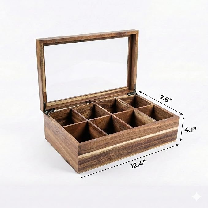 Acacia Wood and Bamboo Tea Bag Organizer - 4 & 8 Compartment Tea Box for Countertop - Tea Station & Coffee Bar Accessories - Fits Large & Craft Tea Bags (Wood, 8 Compartment)