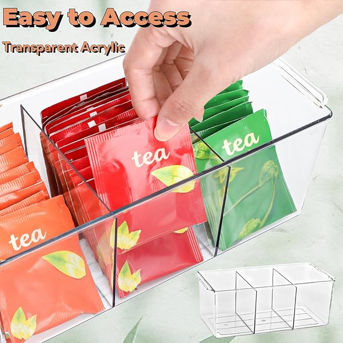 Tlence 4 Tier Bamboo Tea Bag Organizer, Vertical Wooden Tea Storage Box with Acrylic Drawer, Tea Storage Holder and Tea Station for Countertop Kitchen Office, 15.5" x 11" x 5.3"