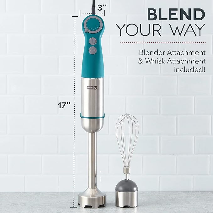 Dash Chef Series Immersion Hand Blender, 5 Speed Stick Blender with Stainless Steel Blades, Whisk Attachment and Recipe Guide – Teal