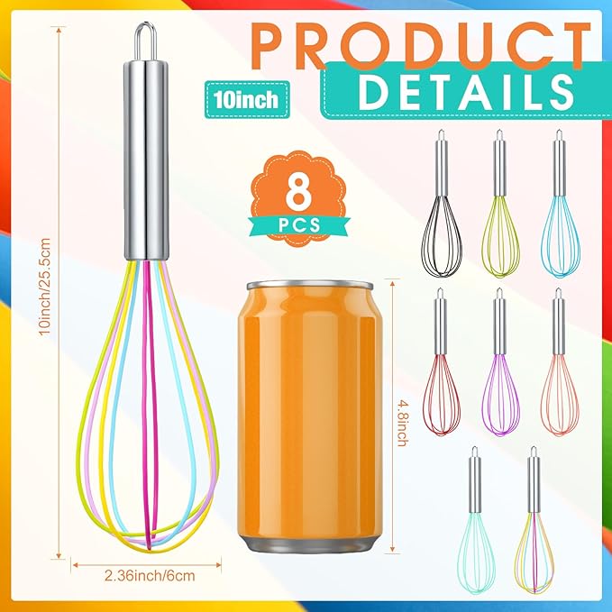 Domensi 8 Pcs 10 Inch Whisks Bulk for Cooking Silicone Whisks Non Scratch Stainless Steel Hand Coated Metal Heat Resistant Egg Beaters for Classroom Cook Party Favor Gift Supplies