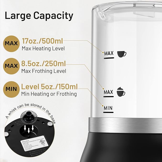 Secura Detachable Milk Frother and Steamer, 17oz Electric Milk Warmer with Glass Jug, 4-in-1 Hot & Cold Foam Maker for Latte, Cappuccinos & Hot Chocolate, Dishwasher Safe, BPA & Teflon-Free Design