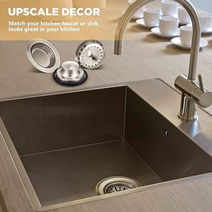 Mudder 3 Pcs Kitchen Sink Drain Strainer and Stopper Stainless Steel Garbage Disposal Plug with Handle Universal Anti-Clogging Kitchen Sink Filter Sieve Basket Strainer(Brushed Silver)