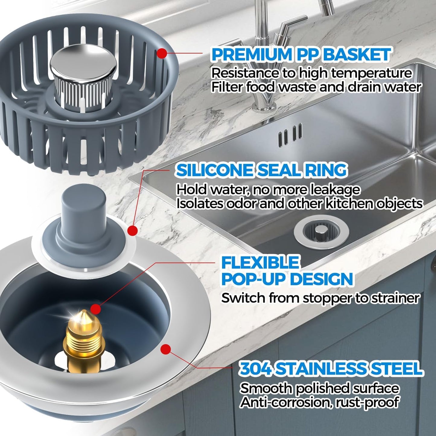 zaa Kitchen Sink Drain Strainer - Kitchen Sink Stopper, Stainless Steel Kitchen Drain Plug & Cover with Anti-Clogging Basket Strainer, Fit US Standard 3-1/2'' Sink Drain Hole, Silver