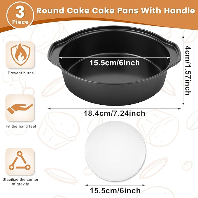 BEWOS 6 Inch Cake Pan Set - 3 Pcs Carbon Steel Round Cake Pans with 100 Pcs Parchment Paper, Round Cake Pans, Nonstick Baking Pans Set with Handle, Dishwasher Safe