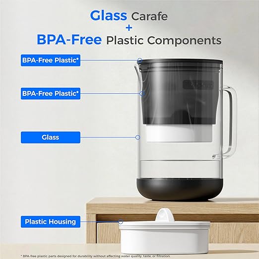 Waterdrop PT-09BL 10-Cup Large Glass Water Filter Pitcher, Eco-Friendly, NSF/ANSI 53, 42 & 372 Certified Filter, Reduces PFOA/PFOS, Chlorine, Cadmium, Copper & Mercury, BPA-Free, Easy to Clean, Black