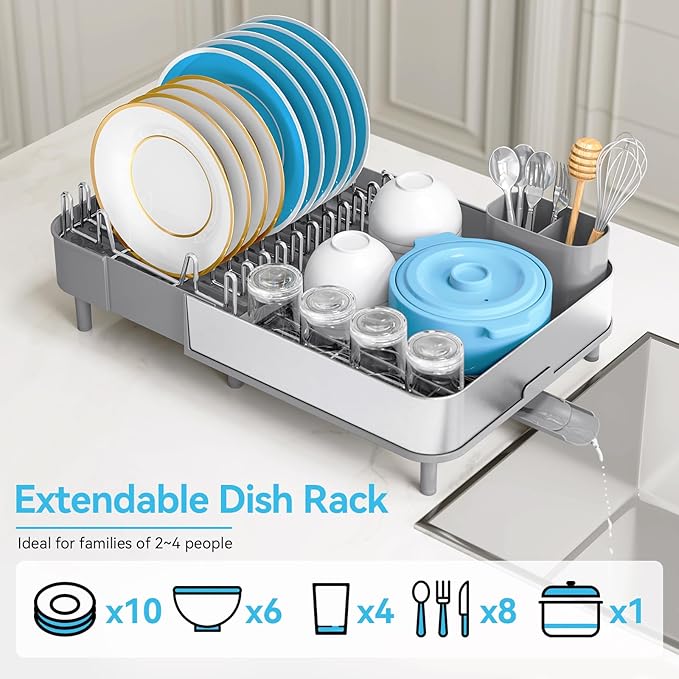 Urackify Dish Drying Rack, 304 Stainless Steel Dish Drainer with Removable Utensil Holder & Drain Board, Rustproof Space-Saving Dish Rack for Kitchen Countertop, Grey