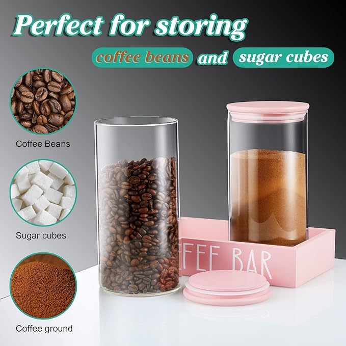 Pink Coffee Canister for Ground Coffee - 2 Pack 45oz Glass Coffee and Sugar Container Set with Airtight Lids and Tray - Pink Coffee Bean Storage Jars for Coffee Bar Kitchen Decor and Accessories