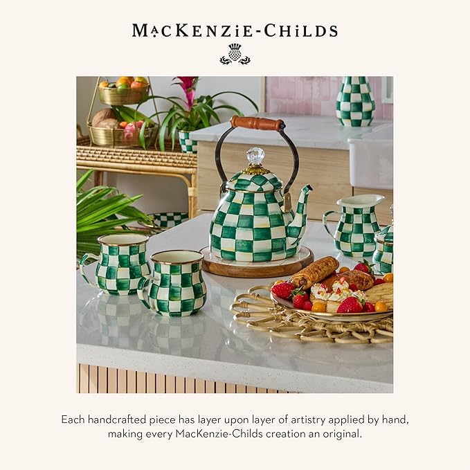 MACKENZIE-CHILDS Enamel Pedestal Platter, Round Cake Stand, Large, Green-and-White Emerald Check