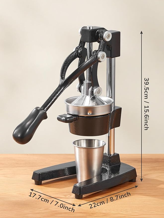 QCen Professional Cast Iron Manual Juicer, Heavy Duty Citrus Press with Stainless Steel Strainer, Easy-to-Clean Hand Squeezer for Orange, Lemon, Lime and Grapefruit - Black (Black)