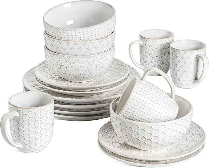 LE TAUCI 16 Piece Dinnerware Set, Arctic White, Stoneware Plates and Bowls With Mugs, Ideal for 4, Serve for 4, Stackable, Lead and Cadmium Free