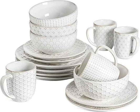 LE TAUCI 16 Piece Dinnerware Set, Arctic White, Stoneware Plates and Bowls With Mugs, Ideal for 4, Serve for 4, Stackable, Lead and Cadmium Free