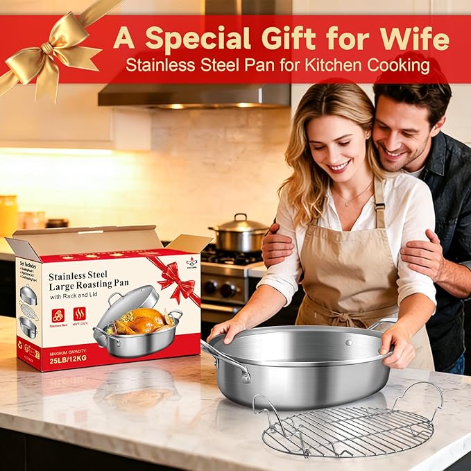 GRILL BUMP Roasting Pan, 21x13x11 Inch, Silver, Rectangular, Stainless Steel, 25LB Capacity, Turkey & Chicken Roaster with Rack and Lid