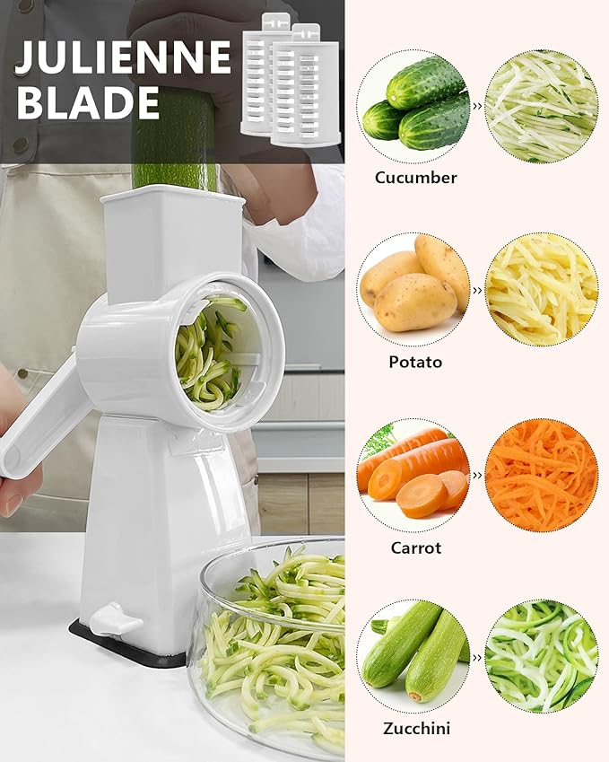 3-in-1 Rotary Cheese Grater Handheld, Lightweight Body with 3 Stainless Steel Blades & Non-Slip Suction Base, for Shredding Parmesan, Slicing Vegetables, Grating Chocolate（White）