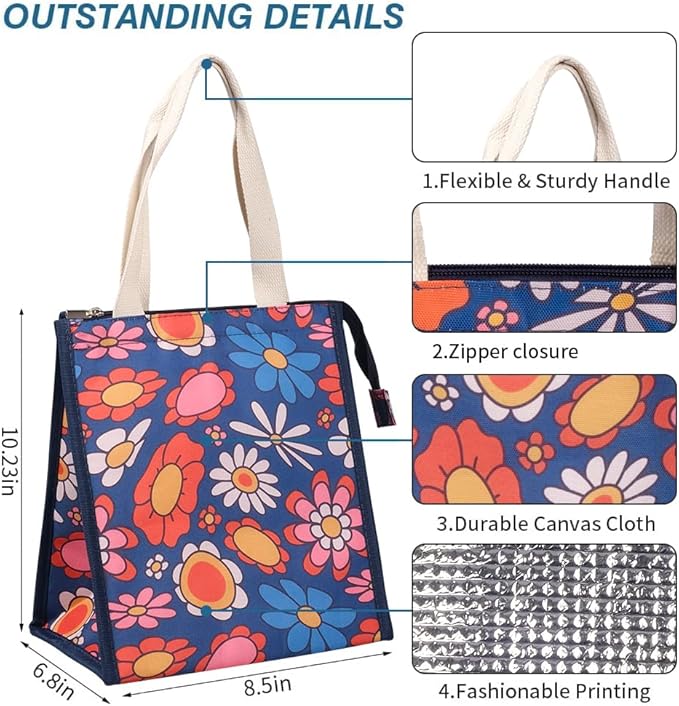 iknoe Insulated Lunch Bag for Women & Adults, 9L Foldable Wide-Open Cooler Bag with Pockets, Leakproof & Portable, for Picnic, Office, Beach(Blue flower)