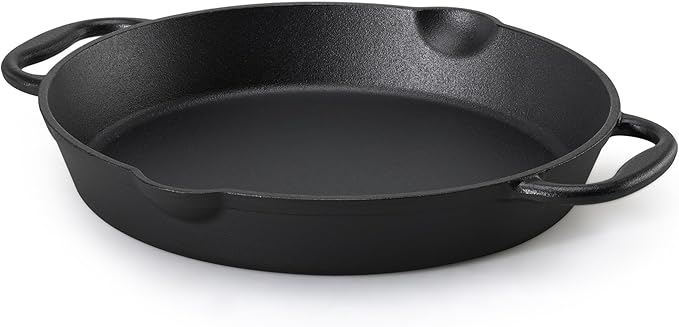 Navaris Cast Iron Skillet - 12"(30cm) Pre-Seasoned Frying Pan with Double Handles, Pour Spouts, for Oven, Stovetop, Grill & Campfire, Non-Toxic, Heavy-Duty, Even-Heating Cookware