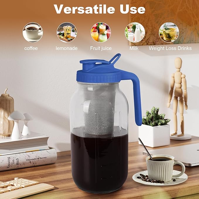 Cold Brew Coffee Maker,64 oz Mason Jar Pitcher with Stainless Steel Filter, Pour Spout Handle Lid, Heavy Duty Glass Airtight & Leak-Proof for Iced Coffee Tea & Lemonade -Blue
