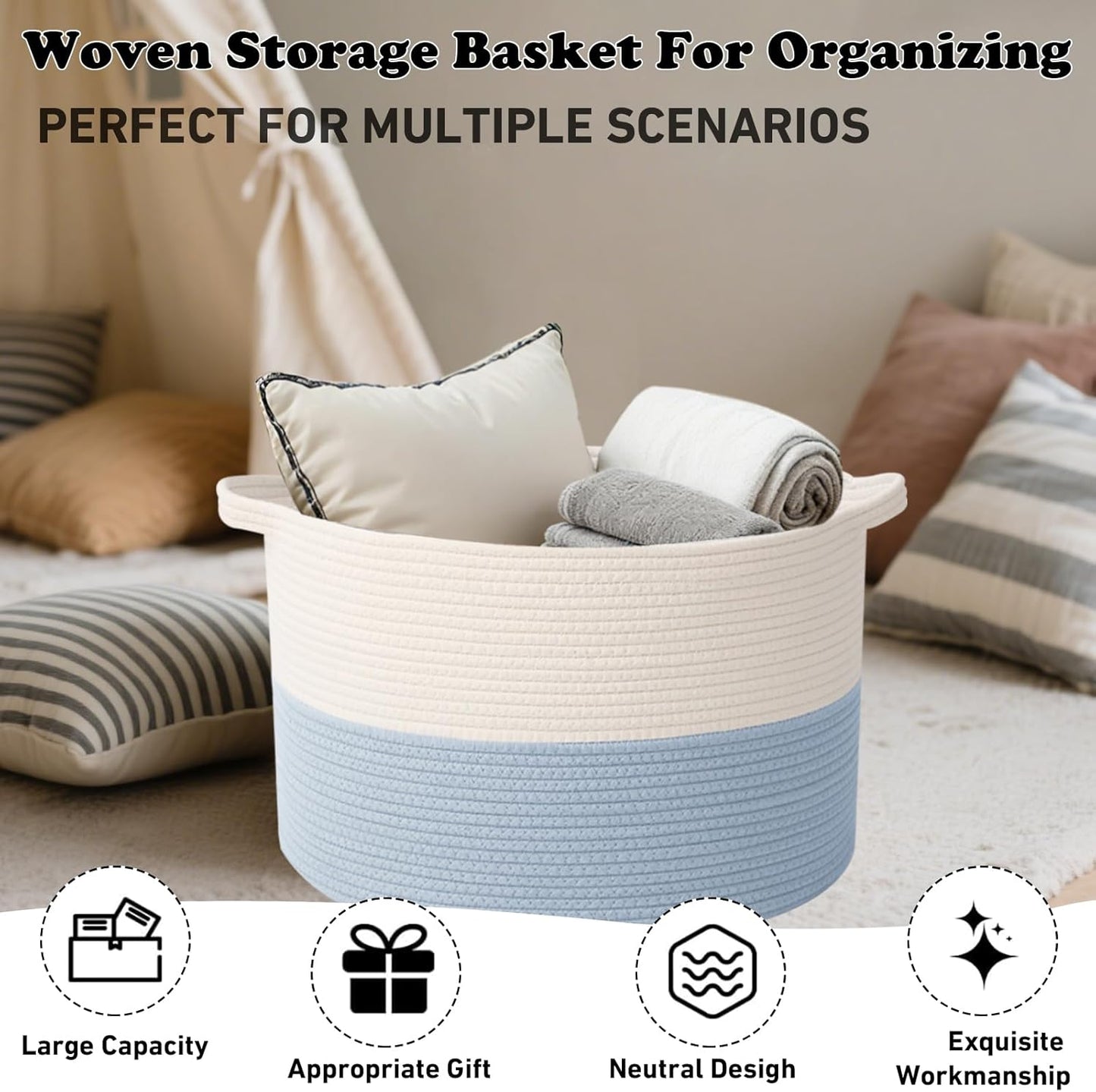 Large Blanket Basket for Organizing,115L Closet Organizers and Storage Bins Box for Shelves Woven Rope Storage Baskets,Living Room,Bedroom,Dorm,Laundry room (White&Blue)