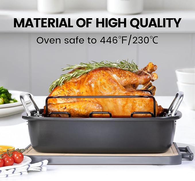 Nonstick Roasting Pan with Rack, Turkey Roasting Pan for Oven, Large Roaster Pan with Handle for Chicken, 17 X 13 Inch, Carbon Steel, Dark Grey