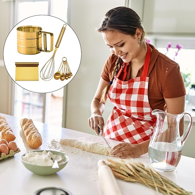 Gold Flour Sifter Baking Tool Set, findTop Stainless Steel 4-Piece Kit with 10" Whisk, Dough Scraper & 5 Measuring Spoons, Mirror Polished, Easy to Clean, for Cake Bread Cookie Prep