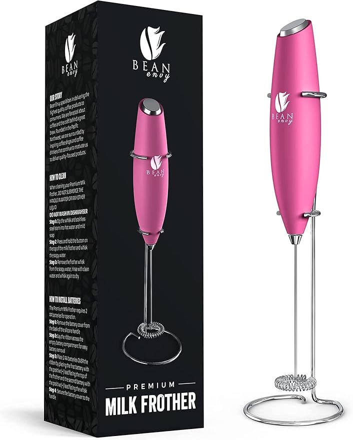 Bean Envy Milk Frother, Coffee Stirrers, Frother Wand, Milk Frother Handheld, Frother with stand, Hand Blender for Coffee, Lattes, Cappuccino, Matcha and Hot Chocolate – Kitchen Gifts (Raspberry)