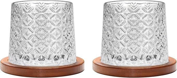 Rotatable Old Fashioned Glass Cup, 275ml/10oz Crystal Whiskey Glass Set of 2, Wood Coaster, Thickening, Used as Rum Glass Cup, Cocktail, Coffee, Milk to Relax and Reduce Stress, Christmas gifts