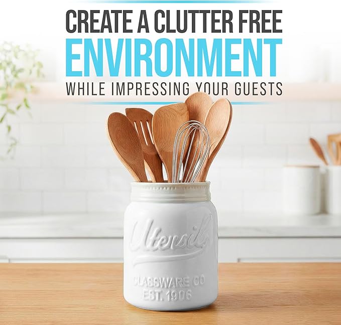 Comfify Wide Mouth Mason Jar Utensil Holder Decorative Kitchenware Organizer Crock - Perfect Cookware Gift - White, Large Size 5.4x6.75