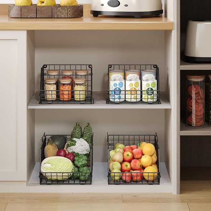 X-cosrack Stackable Wire Baskets for Counter, Fruit and Vegetable Storage, Potato and Onion Storage Bin，Kitchen Pantry Organizer - Wall Basket for Produce/Snack/Can, Large, Black