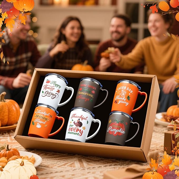 6 Pcs Thanksgiving Coffee Mugs Cups 16 Oz Fall Stainless Steel Insulated Tumblers Bulk with Handle Lid Straw Brushes Happy Thanksgiving Pumpkin Turkey Mugs Thankful Gifts for Party Birthday