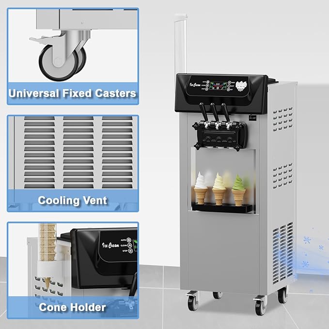 PioneerWorks Commercial Ice Cream Machine, 20-28L/H Yield, 2200W 7L X 2 Capacity, LCD Display, Auto Clean Adjustable Hardness 3 Flavor for Restaurant Snack Bars