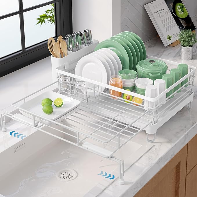 Kitsure Extendable Dish Drying Rack - Rust-Resistant Dish Racks for Kitchen Counter with Adjustable Support Legs, Cutlery Holder & Removable Draining Tray (White, 15.6''-25.2''L × 16.9''W × 8.1''H)