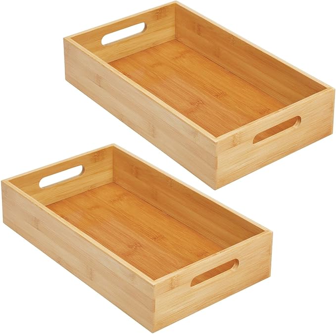 mDesign Wide Bamboo Kitchen Cabinet & Fridge Drawer Organizer Tray - Storage Bin with Handles for Cutlery, Serving Spoons, Cooking Utensils, Appliances - Echo Collection, 2 Pack, Natural Wood