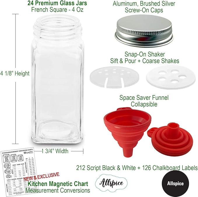 Talented Kitchen 3-Tier Stainless Steel Spice Rack - 24 Square 4oz Glass Jars, Dual Chalkboard & Printed Labels - Cabinet & Countertop Spice & Seasoning Organizer - Kitchen Organizer